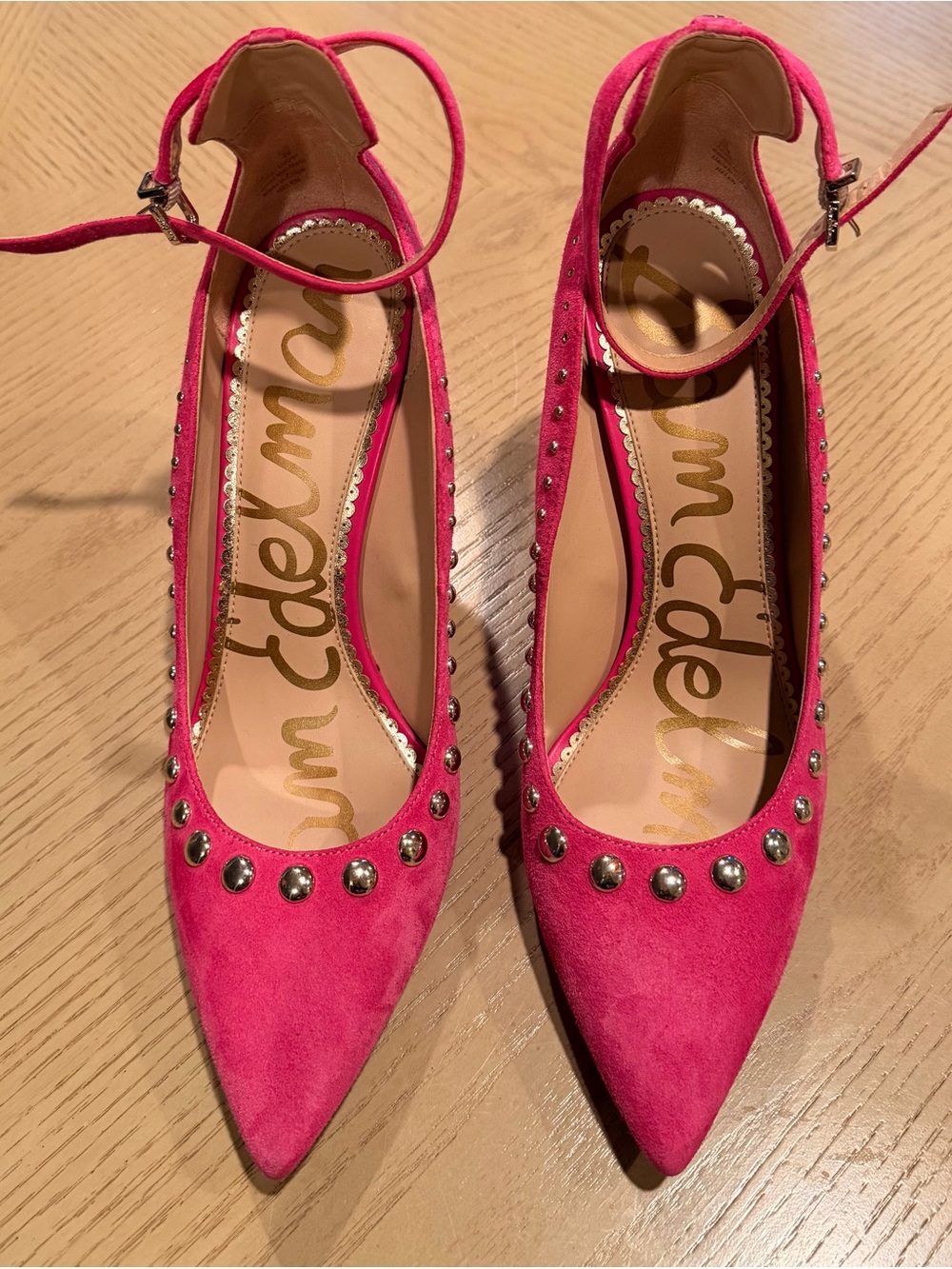 Sam Edelman Pink Studded Suede Pointed Toe Ankle Strap Flats